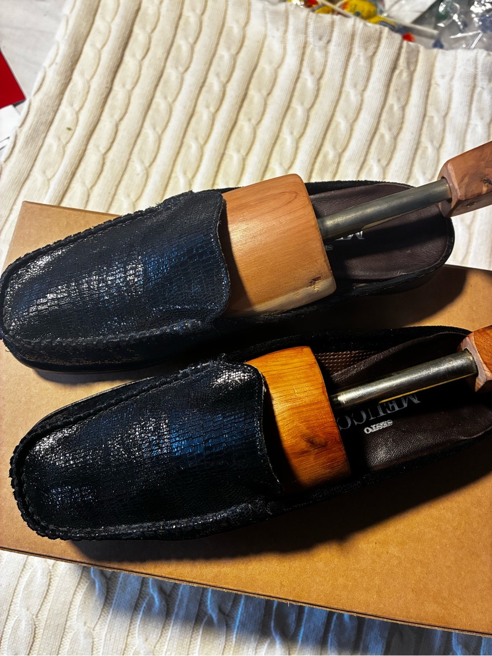 Sesto Meucci Black Textured Leather Moccasin Loafers